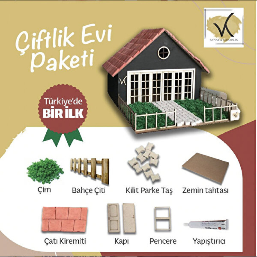 Minyatür Tuğla Minyatür Kiremit ile Tek Katlı Minyatür Çiftlik Evi Kendin Yap Hobi Kit Paketi, Çiftlik Evi Paketi Maket Fiyatı