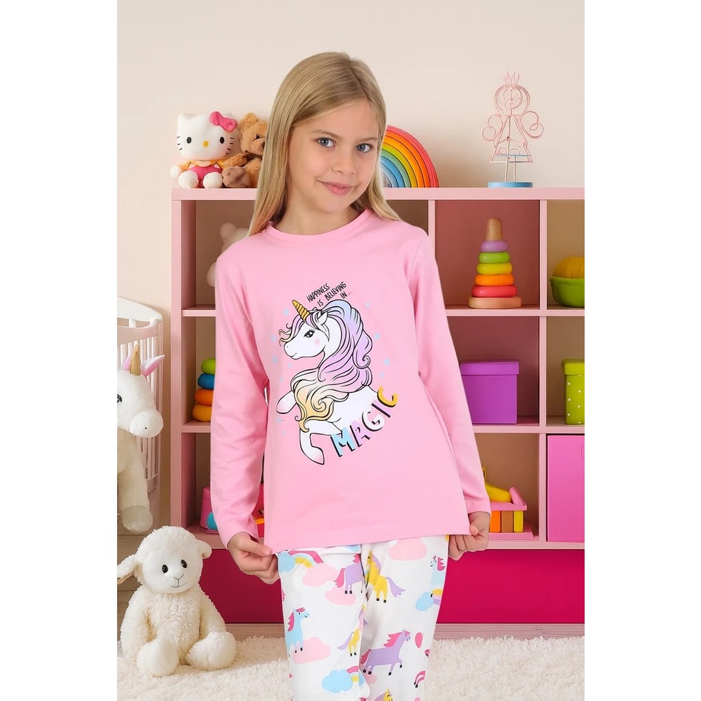Minykids Unicorn Desen %100 Pamuk Pembe Kız Çocuk Pijama Takım Kız Çocuk Pijama Fiyatı