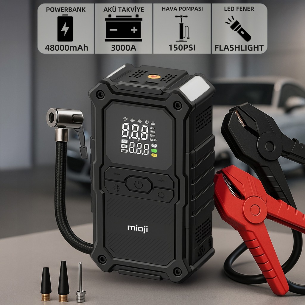 Mioji Mio D8H Premium 4in1 48000MAH 3000A Akü Takviye + Hava Pompası + LED Fener + Powerbank Taşınabilir Şarj Cihazı - Powerbank Fiyatı