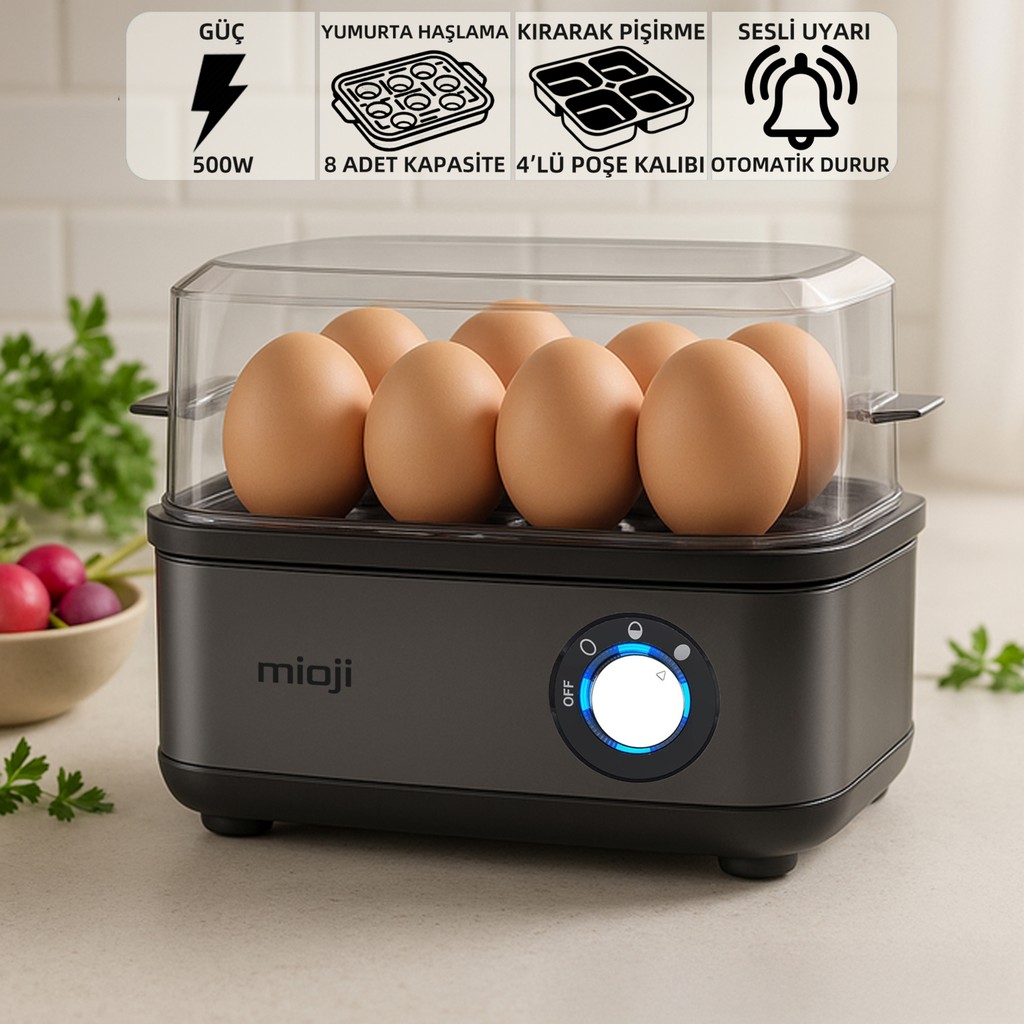 Mioji Mio EG8 500W LED Işıklı Sesli Uyarı 8li Yumurta Kırma ve Pişirici - Siyah Diğer Fiyatı