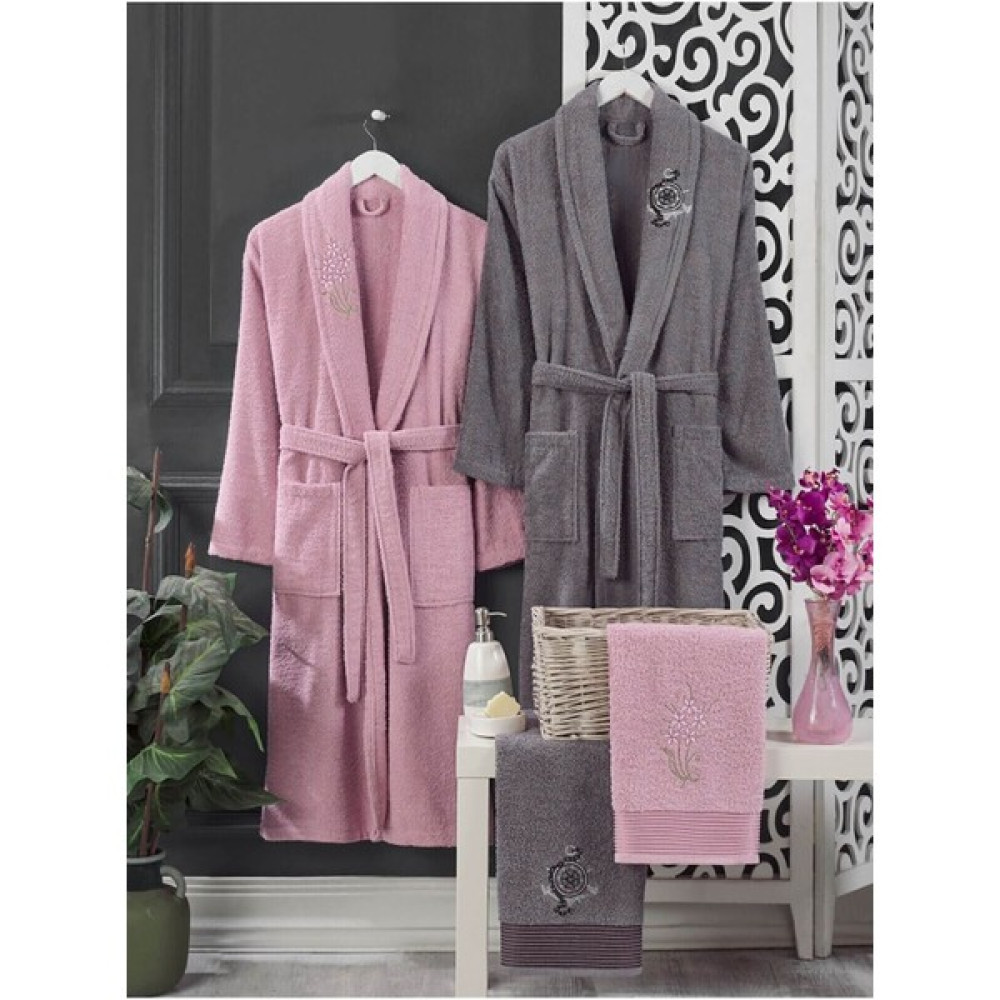 Mira Home 4 Parça Aile Bornoz Seti Kadın Erkek Havlulu Bornoz Takımı Pembe Gri - S - M / L - XL - Renkli Bornoz Fiyatı