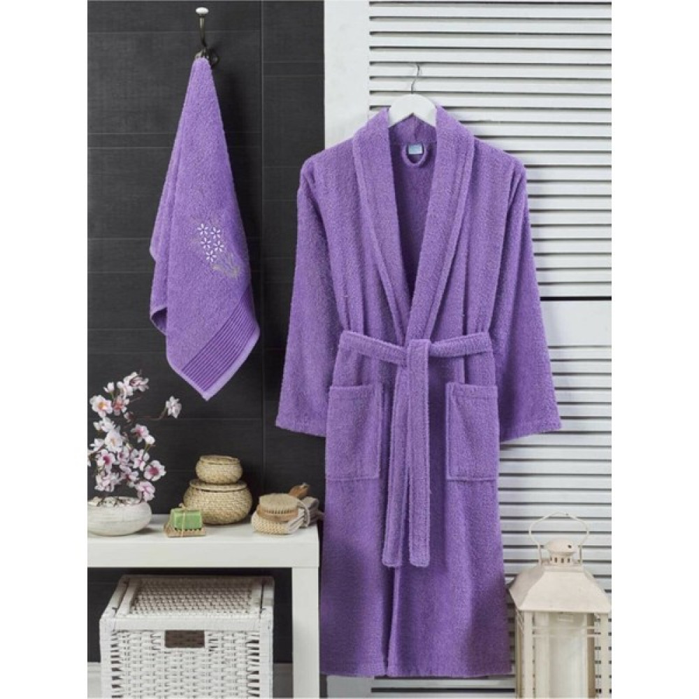 Mira Home Havlulu Banyo Kadın Bornoz Takımı Şalyaka 100 Pamuklu - Lavanta - L - XL Bornoz Fiyatı