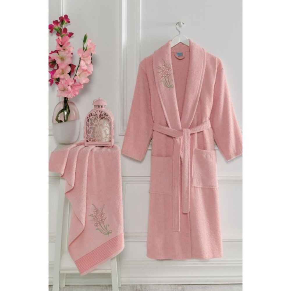 Mira Home Havlulu Banyo Kadın Bornoz Takımı Şalyaka 100 Pamuklu - Pembe - L - XL Bornoz Fiyatı
