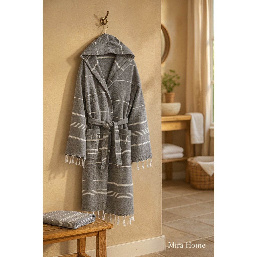 Mira Home Kapüşonlu Kadın / Erkek Peştemal Bornoz Soft %100 Pamuklu Natural - Antrasit - 2XL Bornoz Fiyatı