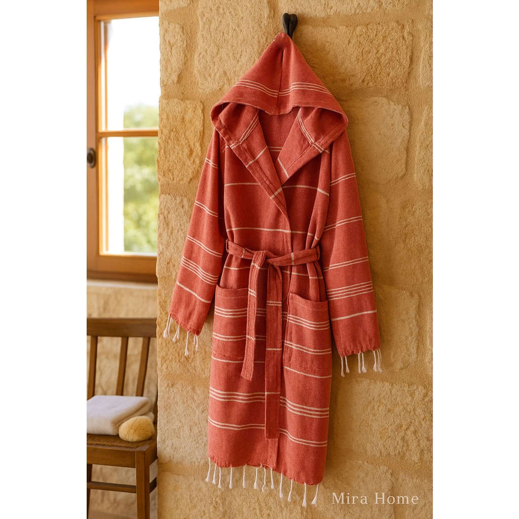 Mira Home Kapüşonlu Kadın / Erkek Peştemal Bornoz Soft %100 Pamuklu Natural - Kiremit - 2XL Bornoz Fiyatı