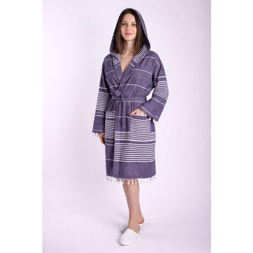Mira Home Kapüşonlu Kadın / Erkek Peştemal Bornoz Soft %100 Pamuklu Natural - L - Mor Bornoz Fiyatı