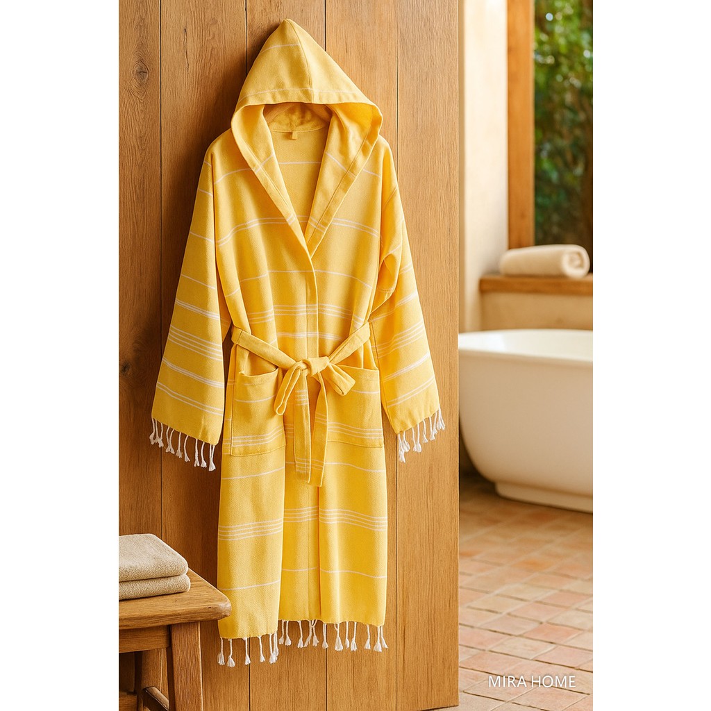 Mira Home Kapüşonlu Kadın / Erkek Peştemal Bornoz Soft %100 Pamuklu Natural - Sarı - XL Bornoz Fiyatı