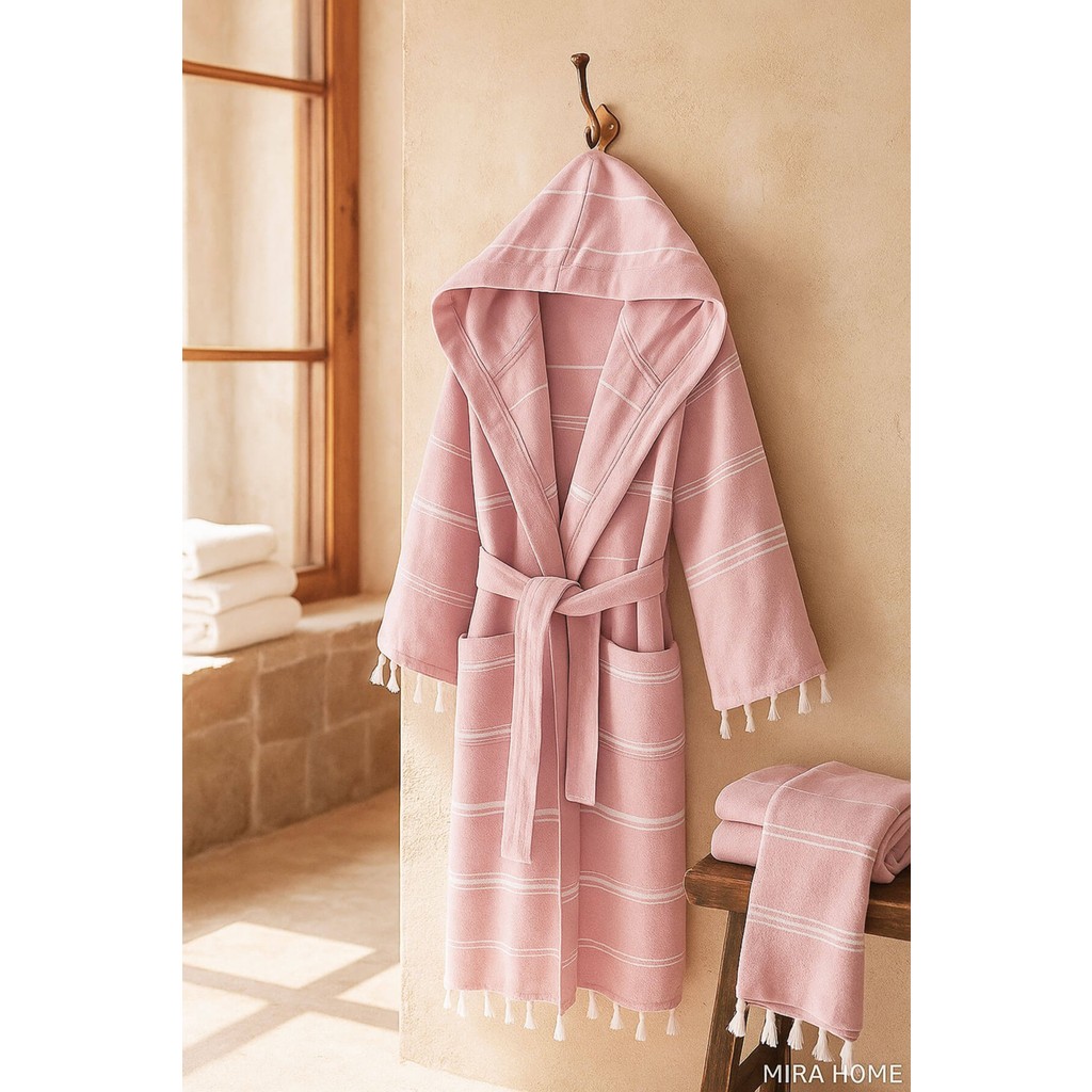 Mira Home Kapüşonlu Kadın / Erkek Peştemal Bornoz Soft %100 Pamuklu Natural - XL - Pembe Bornoz Fiyatı