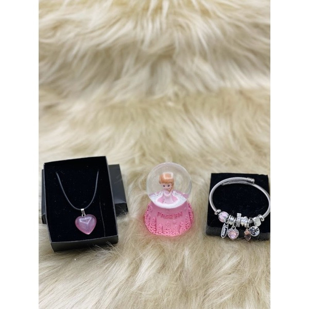 Mirabella Gift Charmlı Pandora Paslanmaz Çelik Ayarlanabilir Çelik Bileklik , Frozen Temalı Mini Işıklı Kar Küresi ve Doğaltaş Kolye Altın, Takı & Aksesuar Fiyatı