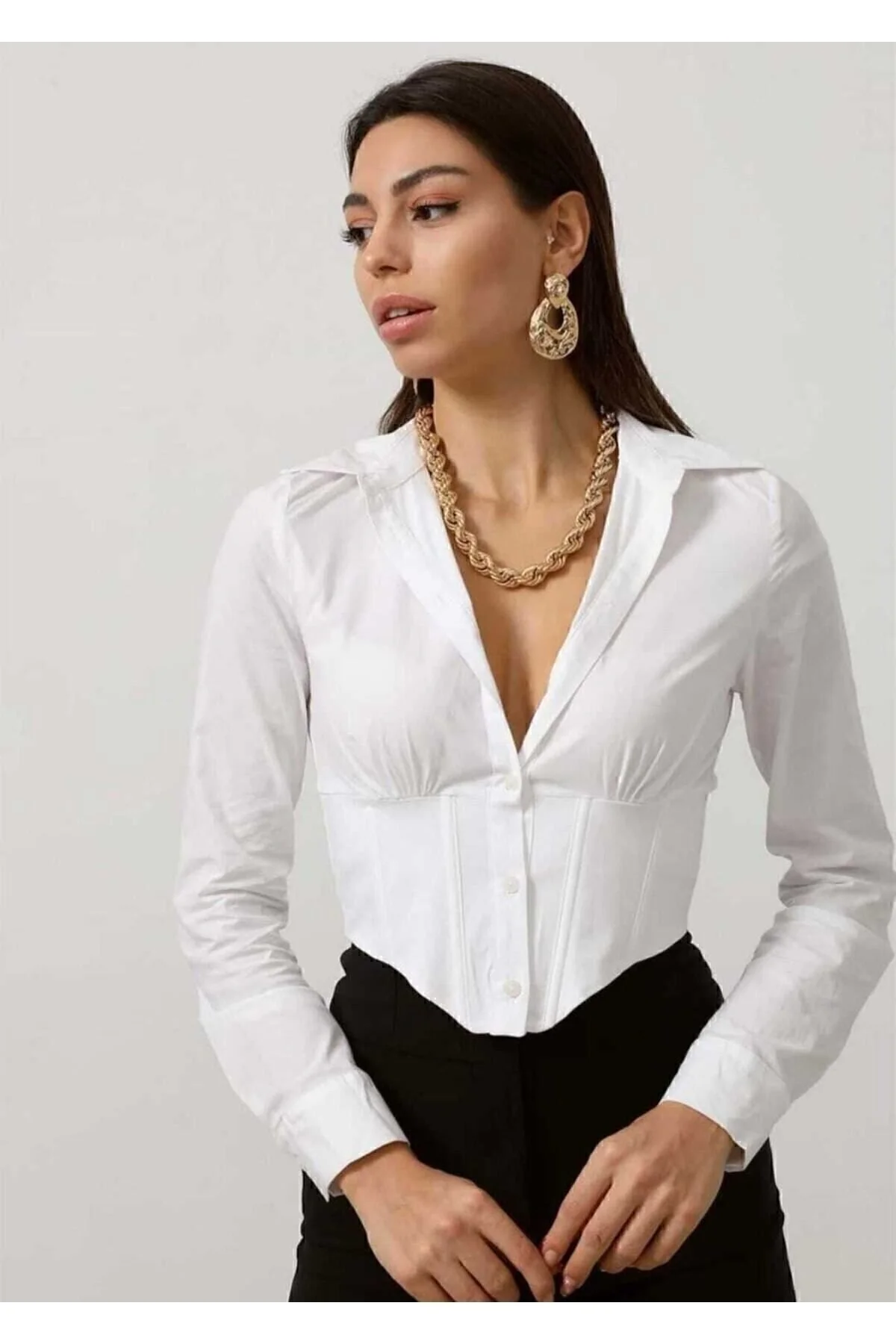 mirabella Kadın Crop Gömlek Slim Fit Dar Kesim Beli Lastikli Beyaz L Beden" Kadın Gömlek Fiyatı