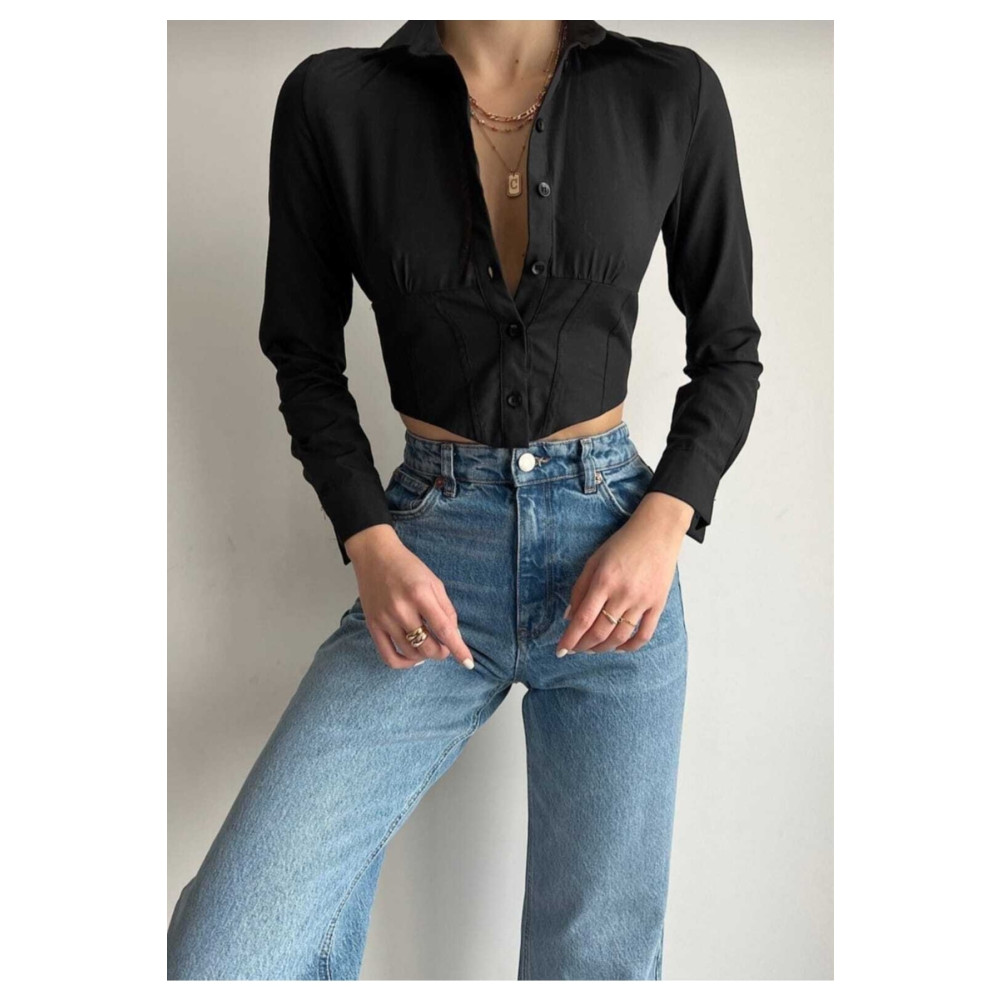 mirabella Kadın Crop Gömlek Slim Fit Dar Kesim Beli Lastikli Siyah XL Beden Kadın Gömlek Fiyatı