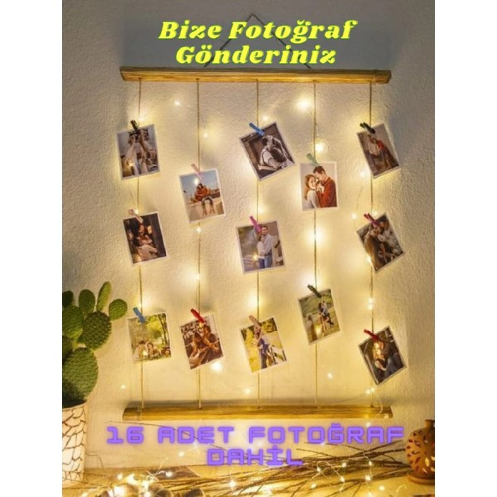 Miracix Kişiye Özel (Fotoğraf Dahil) Mandallı Jüt Ipli 3 mt LED Işıklı Masif Ahşap Çerçeve Resim & Fotoğraf Çerçevesi Fiyatı