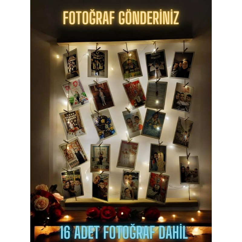 Miracix Kişiye Özel (Fotoğraf Dahil) Mandallı Jüt Ipli 3 mt LED Işıklı Masif Ahşap Çerçeve Resim & Fotoğraf Çerçevesi Fiyatı