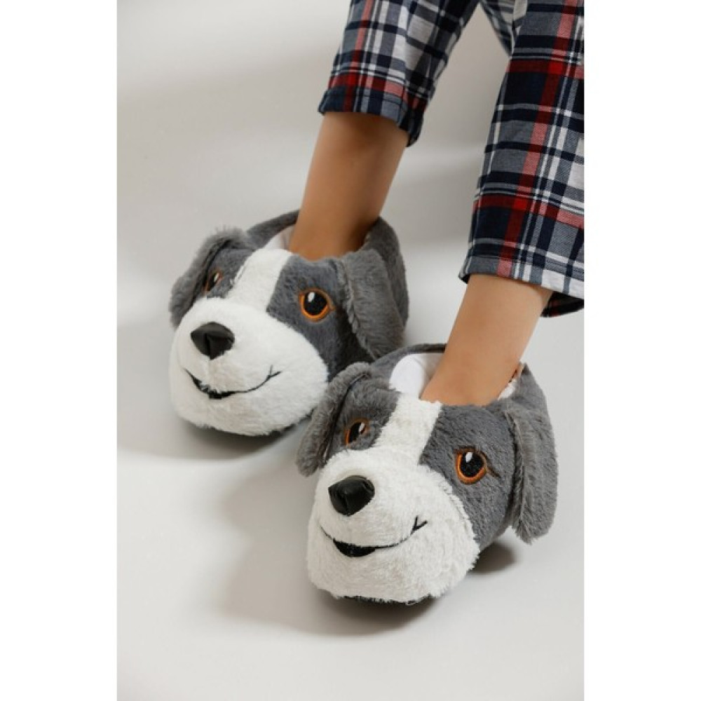Miracix Kışlık Orjinal Yumuşak Taban Sevimli Köpek Peluş Panduf Gri-Beyaz Panduflar Fiyatı