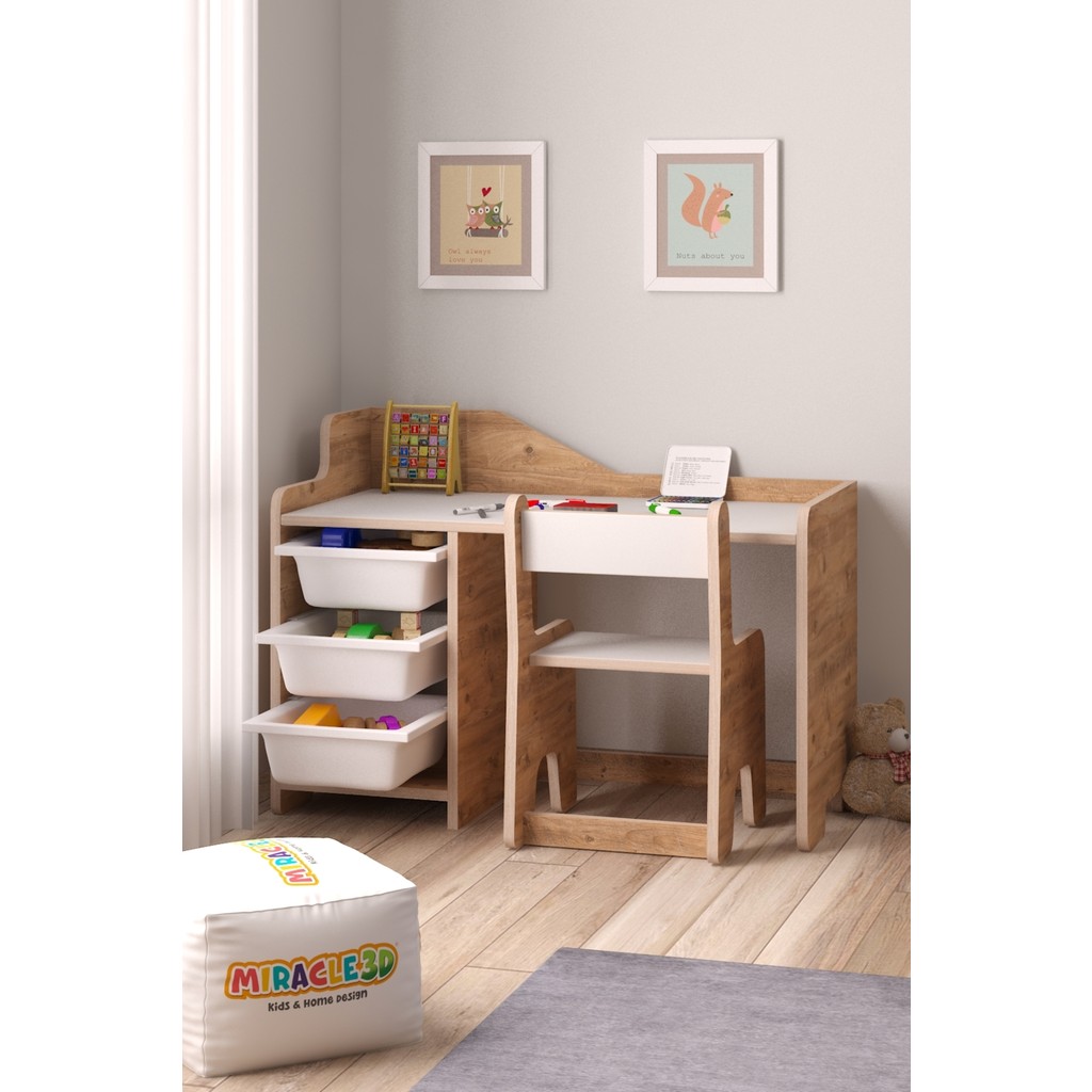 Miracle 3D Çocuk Oyun Aktivite Masası 90X45 cm 3 Sepetli Çocuk Çalışma Masası Sırt Dayamalı Sandalye - Beyaz Standart Sandalye Fiyatı