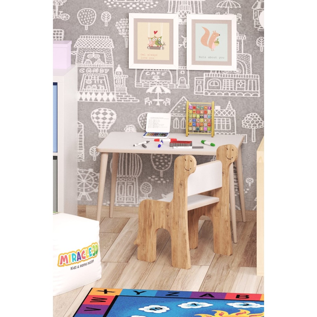 Miracle 3D Çocuk Oyun Etkinlik Çalışma Masası ve Sırt Dayamalı Sandalye MDF Malzeme ile Şık Tasarım - Ceviz Standart Sandalye Fiyatı
