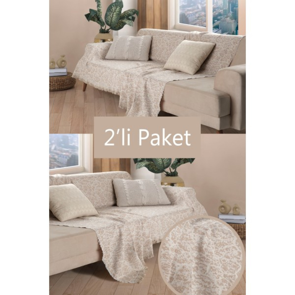 Miracolo Home Pratik Optimal Kaymaz Tasarım 180X220 cm Mermer Desen Koltuk Örtü Önden Saçaklı-2 Li Set-Bej - Bej - 180 x 220 cm Koltuk & Kanepe Örtüsü Fiyatı