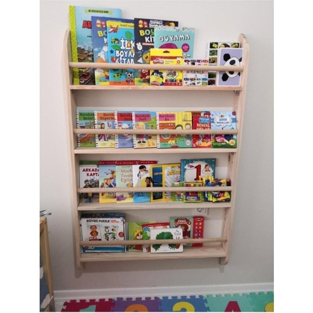 Mirapet Ahşap Eğitici Çocuk Odası Kitaplık Rafı Duvara Monte 4 Bölmeli 120 cm x 60 cm x 9 cm Duvar Rafı Fiyatı