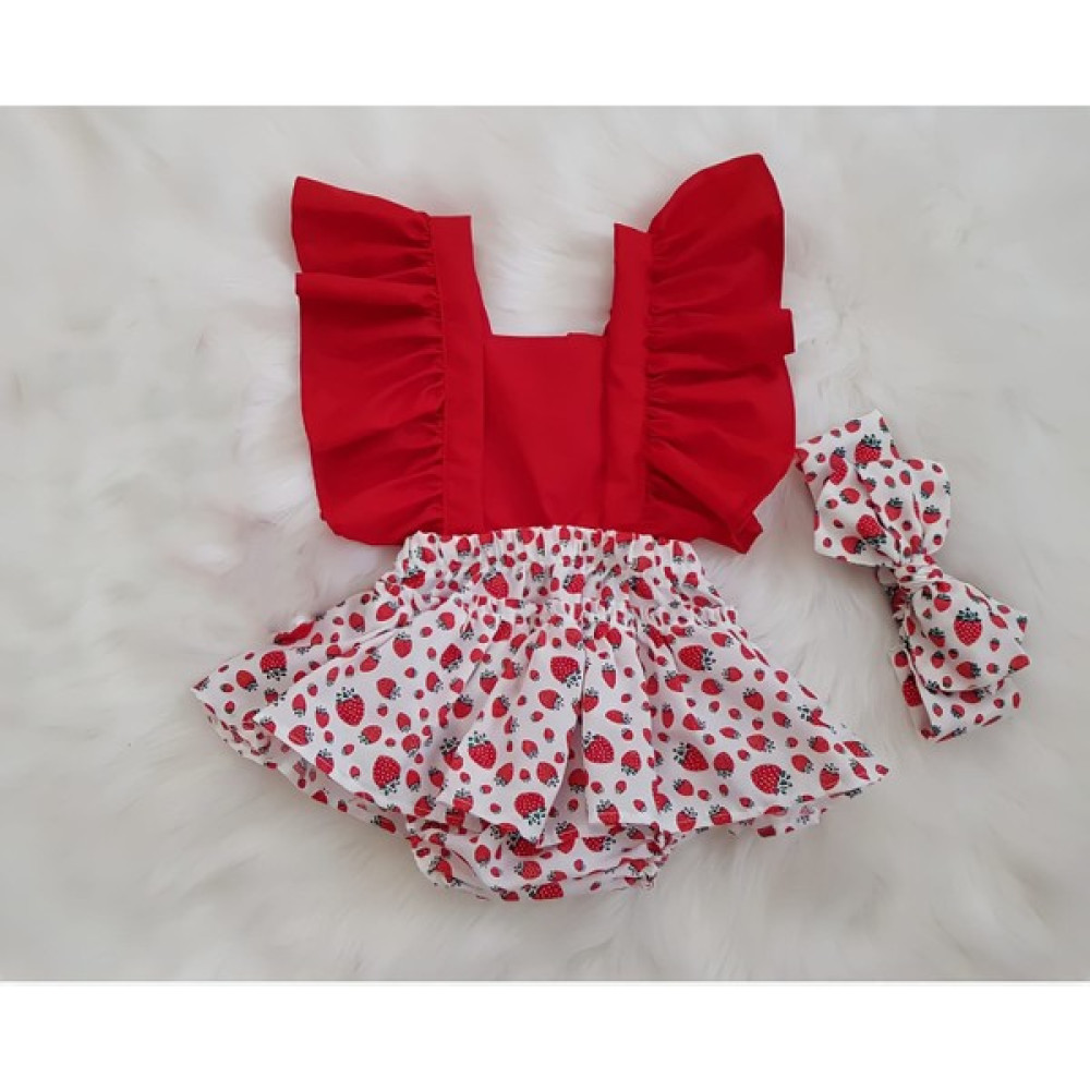 Miray Bebe Bandanalı Çilek Desen Salopet Takım Bebek Elbisesi Fiyatı