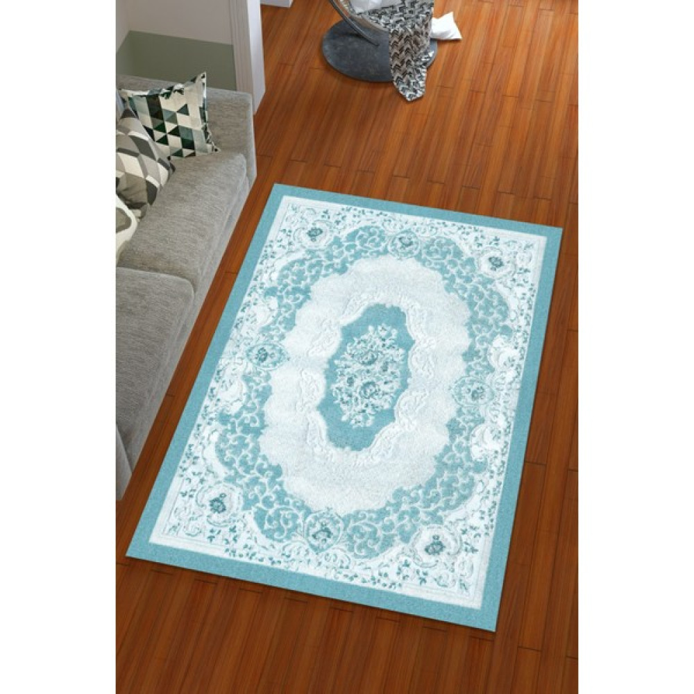 Miray Tekstil İpek Kadife Açık Mavi Renkli Göbekli Desen Lastikli Halı Örtüsü - 150 x 230 cm Salon & Oturma Odası Tekstili Fiyatı
