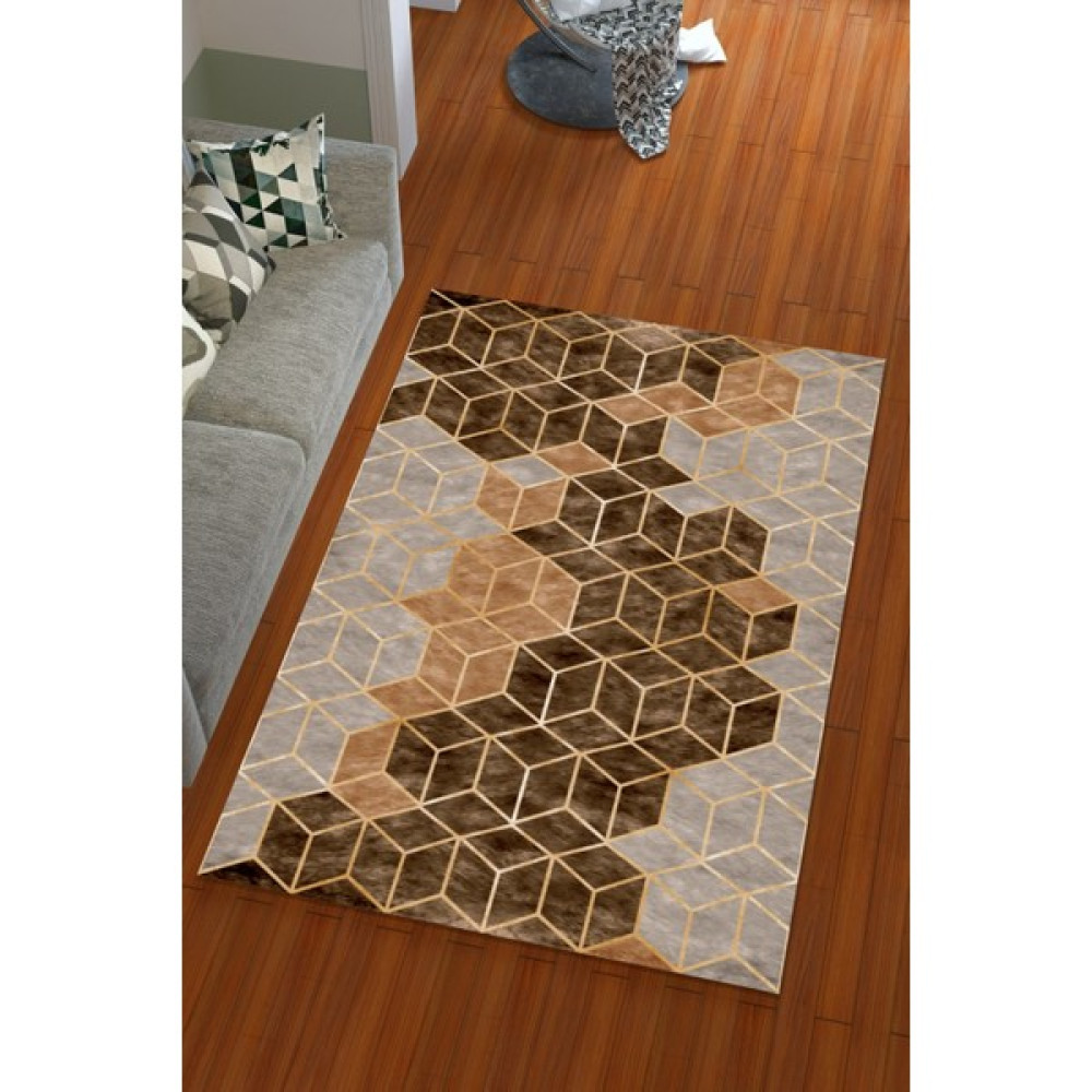 Miray Tekstil Ipek Kadife Kahverengi Renkli Piramit Desen Lastikli Halı Örtüsü - ​160 x 230 cm Salon & Oturma Odası Tekstili Fiyatı