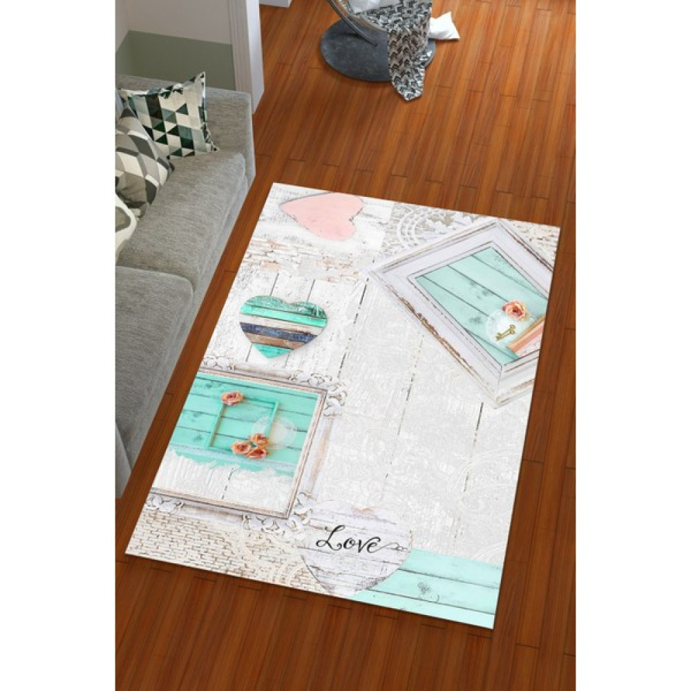 Miray Tekstil Ipek Kadife Mavi Renkli Kalp Desen Lastikli Halı Örtüsü - ​160 x 230 cm Salon & Oturma Odası Tekstili Fiyatı