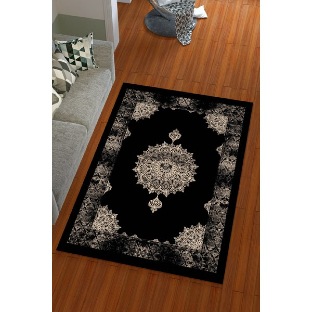 Miray Tekstil Ipek Kadife Siyah Renkli Osmanlı Desen Lastikli Halı Örtüsü - ​160 x 230 cm Salon & Oturma Odası Tekstili Fiyatı