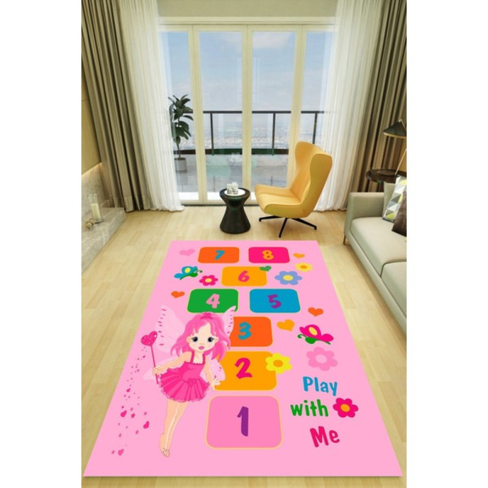 Miray Tekstil Kaymaz Taban Pembe Renkli Yuka Peri Kızı Çocuk Temalı Sek Sek Desen Çok Amaçlı Dekoratif Halı - 160 x 220 cm - Gri - Pembe Salon Halısı Fiyatı