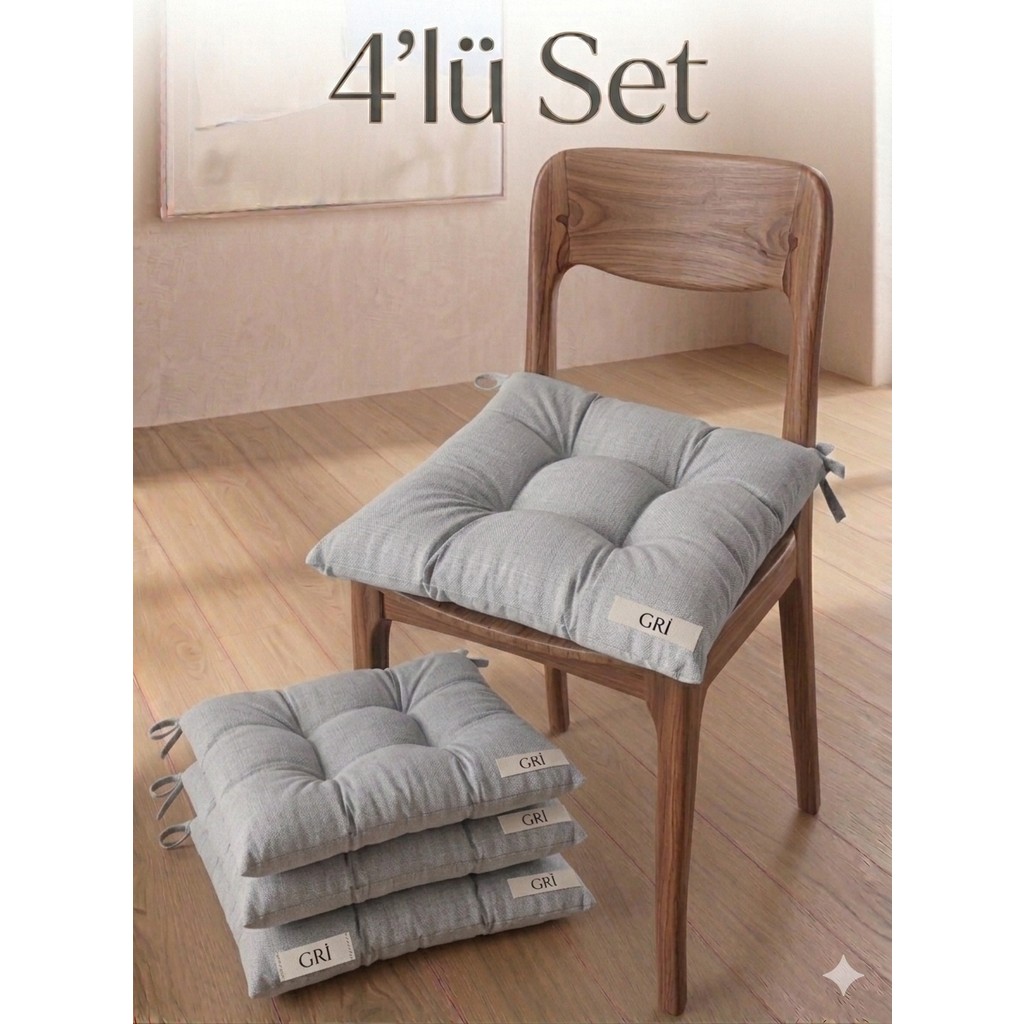 MirayRa Tekstil 4 Adet Bağcıklı Sandalye Minderi Seti 40X40 cm - Kare Mutfak ve Balkon Minderi - 40 x 40 cm - Gri Standart Sandalye Fiyatı