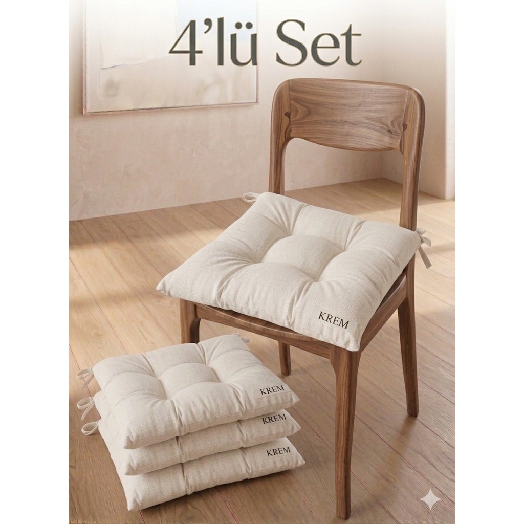 MirayRa Tekstil 4 Adet Bağcıklı Sandalye Minderi Seti 40X40 cm - Kare Mutfak ve Balkon Minderi - 40 x 40 cm - Krem Standart Sandalye Fiyatı