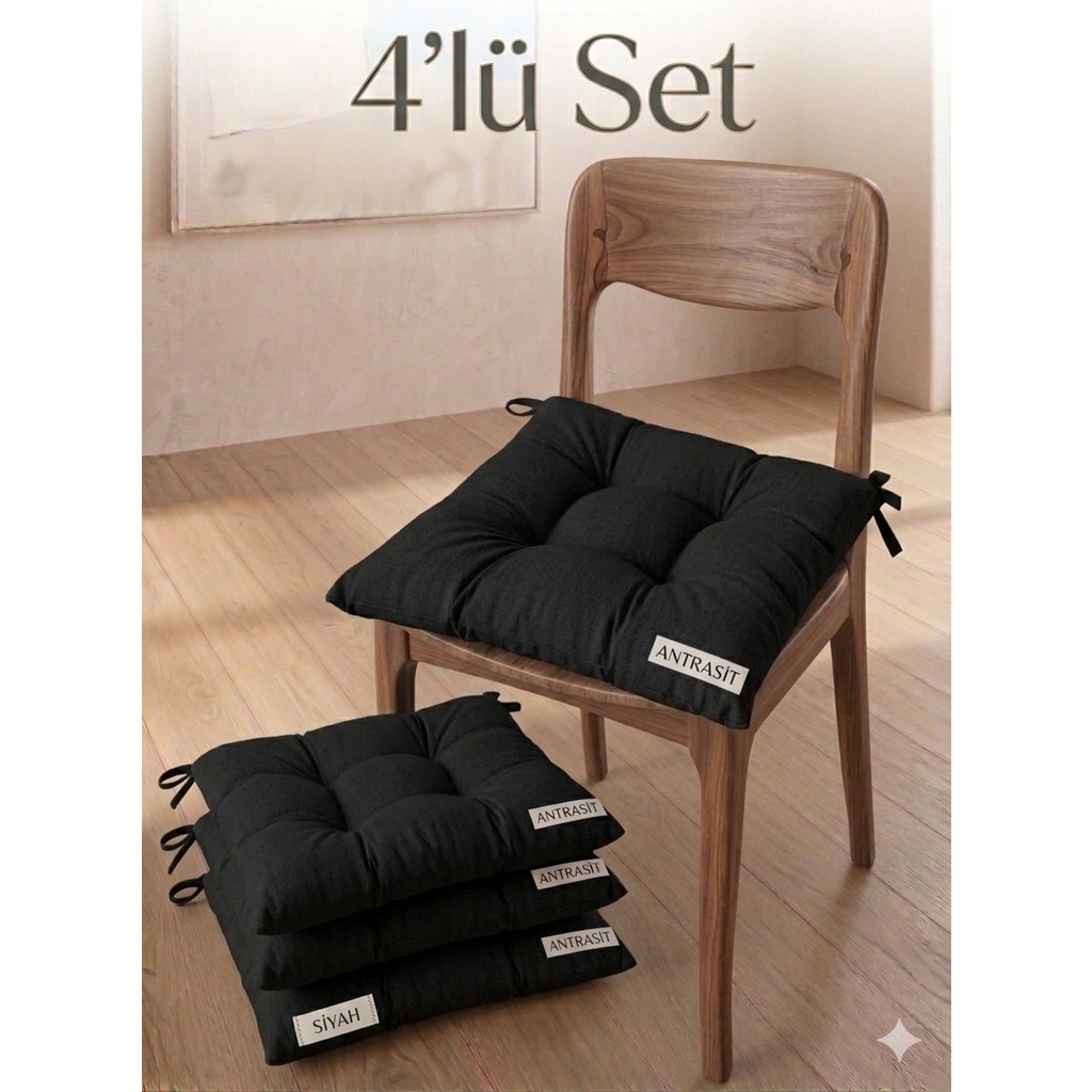 MirayRa Tekstil 4 Adet Bağcıklı Sandalye Minderi Seti 40X40 cm - Kare Mutfak ve Balkon Minderi - 40 x 40 cm - Siyah Standart Sandalye Fiyatı
