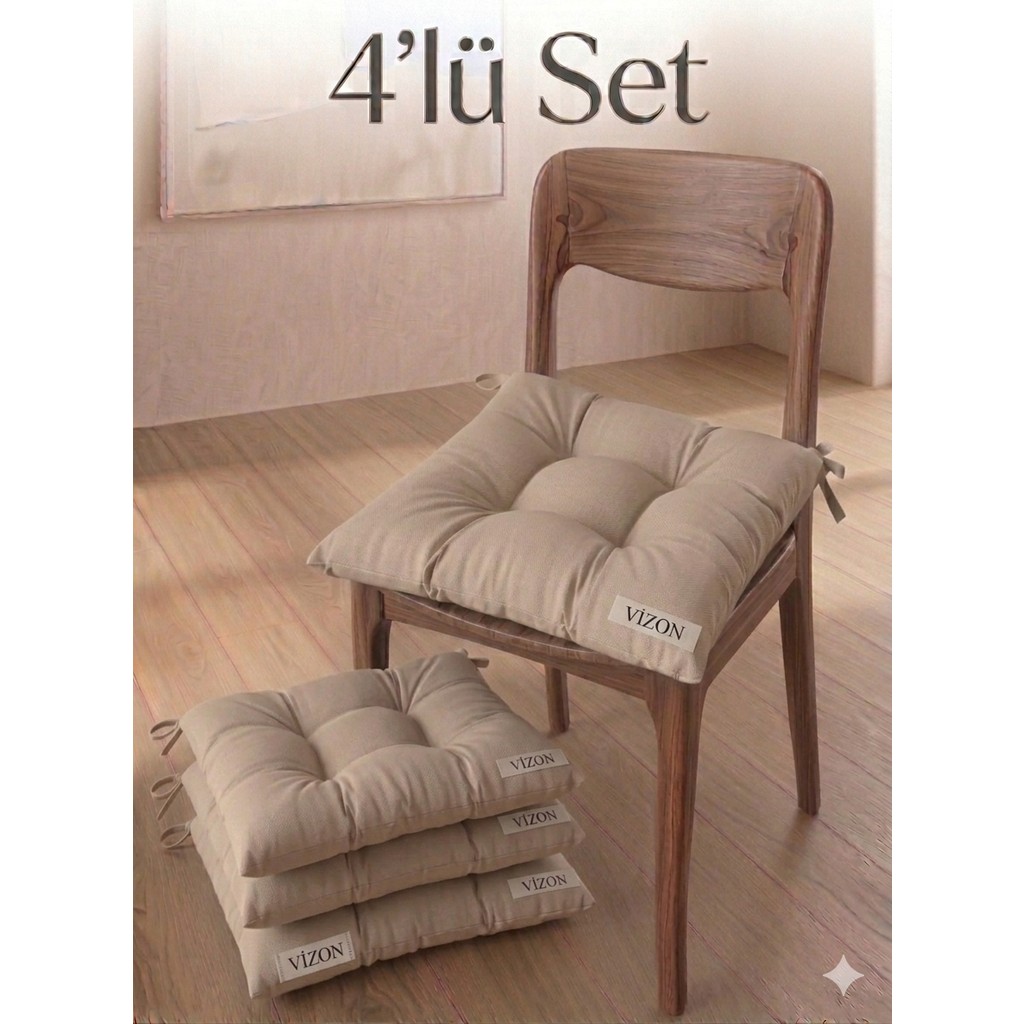 MirayRa Tekstil 4 Adet Bağcıklı Sandalye Minderi Seti 40X40 cm - Kare Mutfak ve Balkon Minderi - 40 x 40 cm - Vizon Standart Sandalye Fiyatı