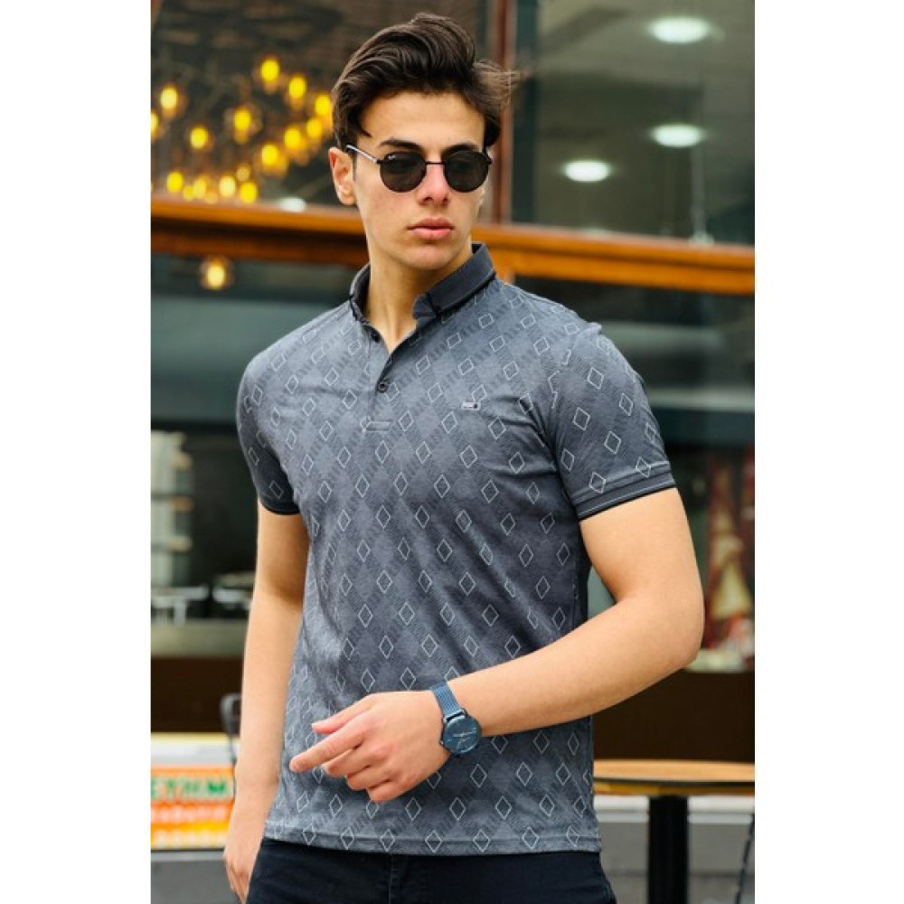 Miron Dörtgen Baskılı Polo Yaka Kısa Kollu Tişört 41206-FÜME Erkek T-shirt Fiyatı