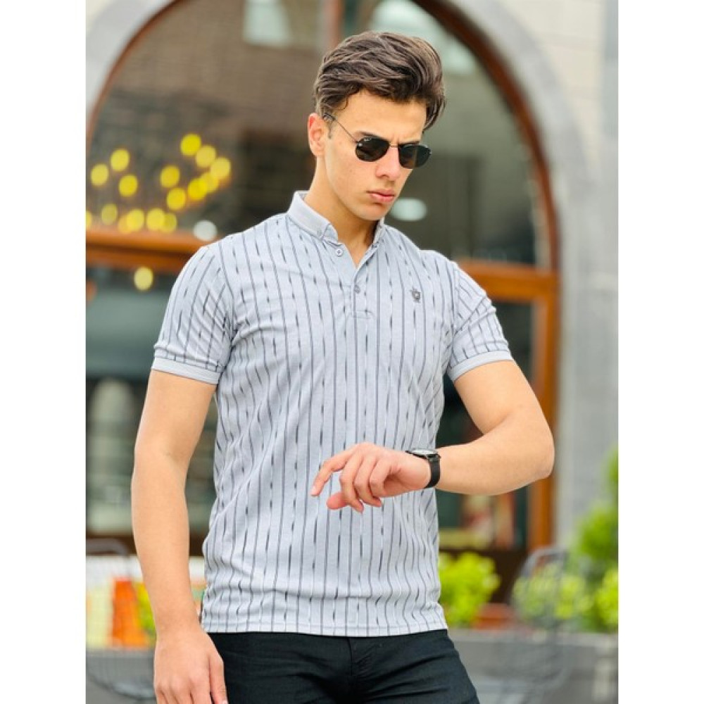 Miron Eskitme Çizgi Baskılı Polo Yaka Kısa Kollu Tişört 41236-Gri Erkek T-shirt Fiyatı
