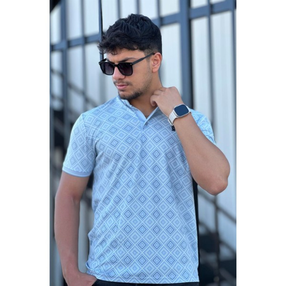 Miron Iki Renk Kare Baskılı Polo Yaka Kısa Kollu Tişört 41298-BUZ Mavisi Erkek T-shirt Fiyatı