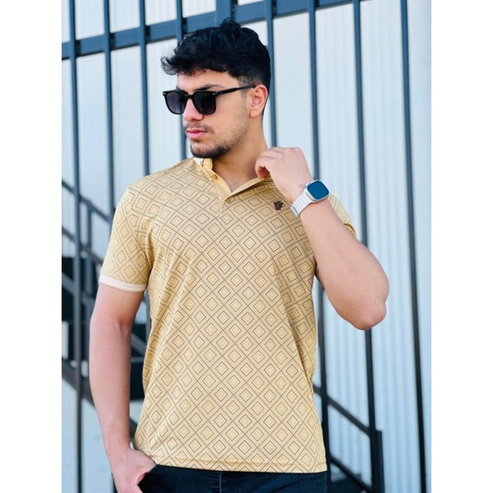Miron Iki Renk Kare Baskılı Polo Yaka Kısa Kollu Tişört 41298-HARDAL Erkek T-shirt Fiyatı