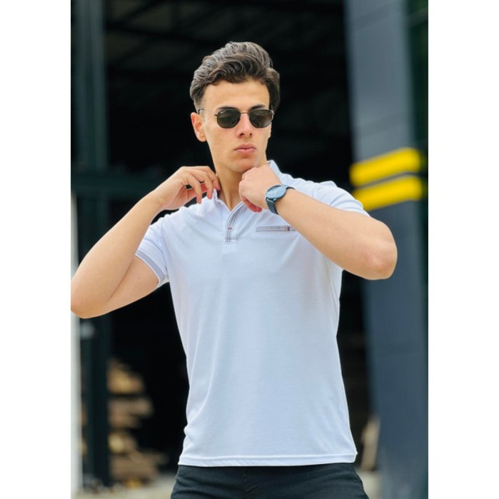 Miron Pat-Cep Üstü Nakış Detaylı Polo Yaka Kısa Kollu Tişört 41289-Beyaz Erkek T-shirt Fiyatı
