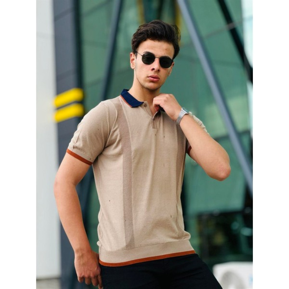 Miron Yaka Garni Polo Yaka Triko Tişört-Camel Erkek T-shirt Fiyatı