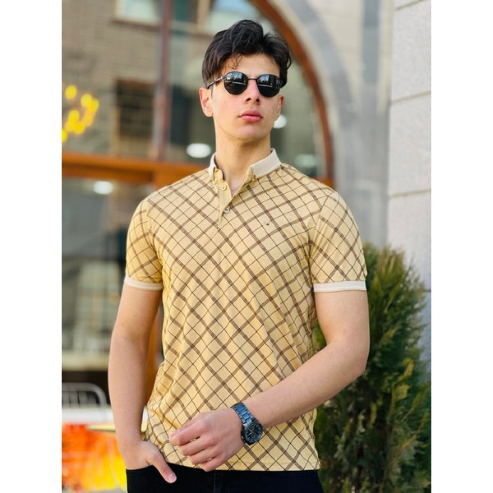 Miron Yoğun Ekose Baskılı Polo Yaka Kısa Kollu Tişört 41228-Hardal Erkek T-shirt Fiyatı