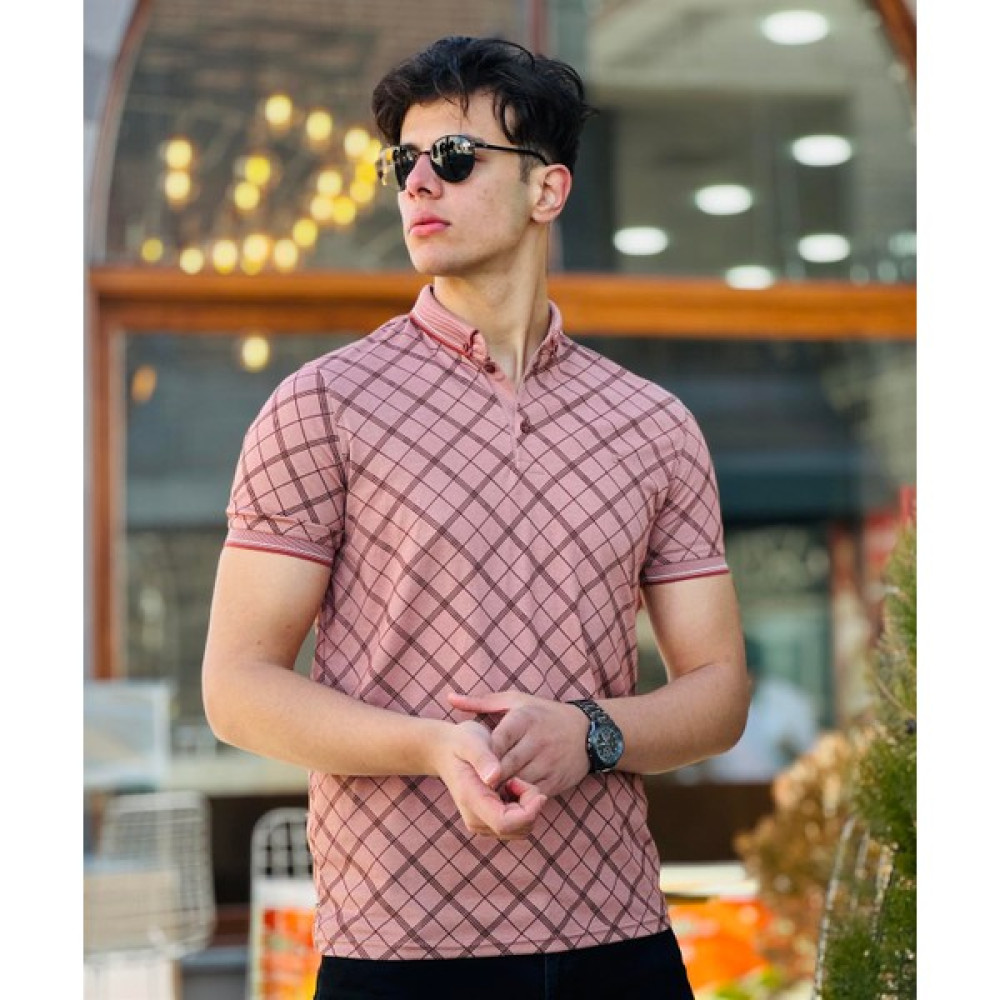 Miron Yoğun Ekose Baskılı Polo Yaka Kısa Kollu Tişört 41228-Pembe Erkek T-shirt Fiyatı
