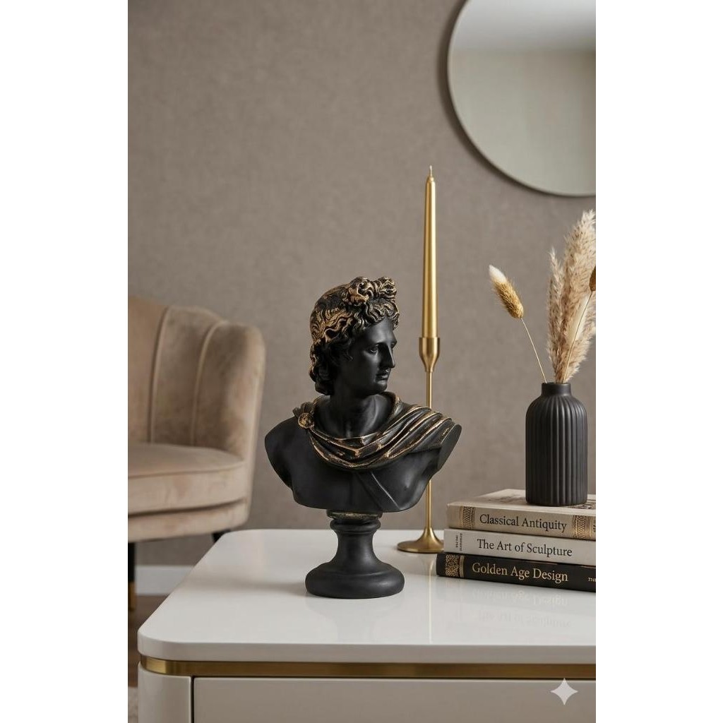 Mirsa Global Dekoratif Apollo Büst Biblo – Antik Yunan Heykel Tarzı, Erkek Model Biblo Siyah Gold Detaylı Lüks Salon Konsol Süs Objesi ( Polyester) Biblo Fiyatı