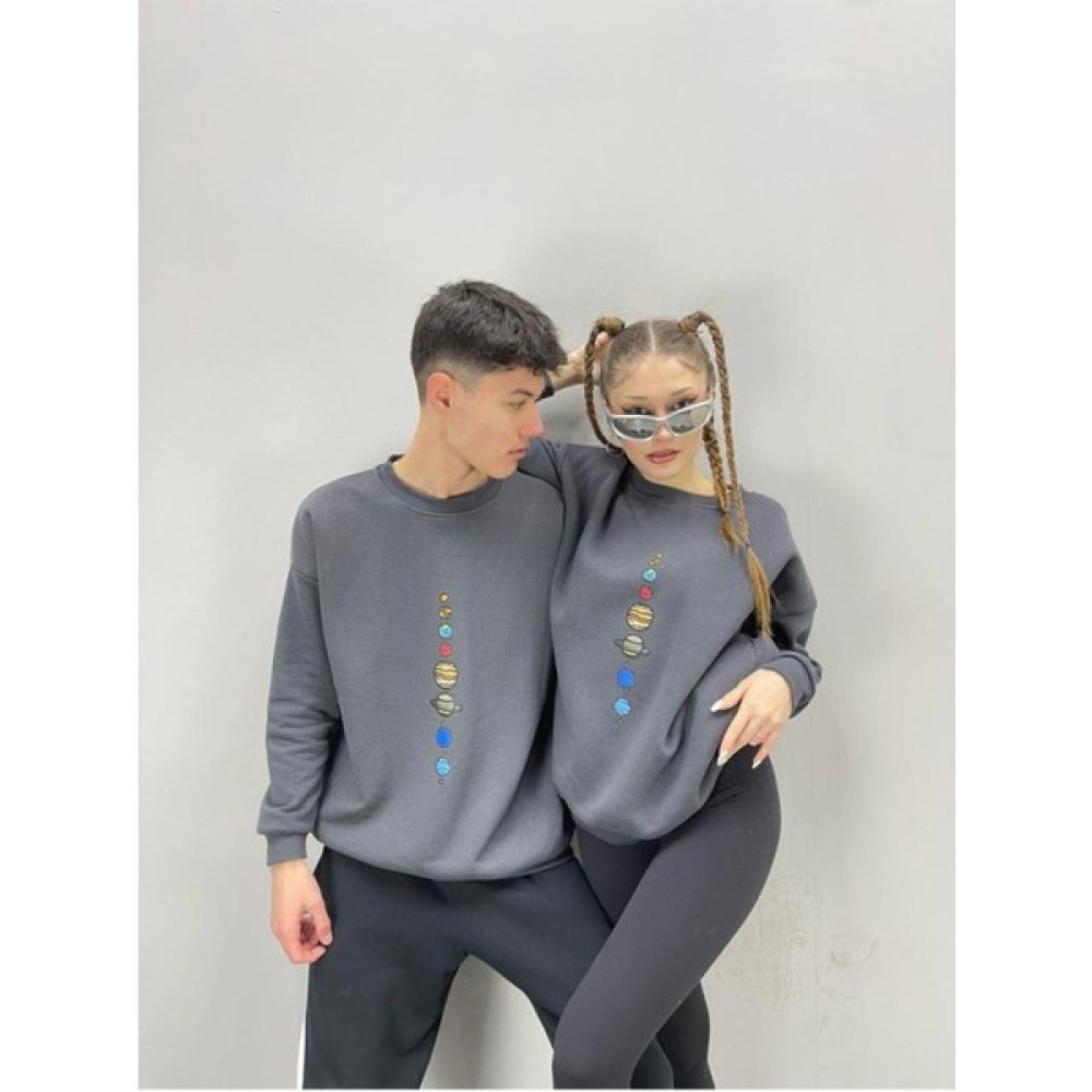 Mirsepet Blacksokak Unisex Antrasit Gezegen Baskılı Bisiklet Yaka Sevgili Kombini 2'Li Set Bayan Sweatshirt Fiyatı
