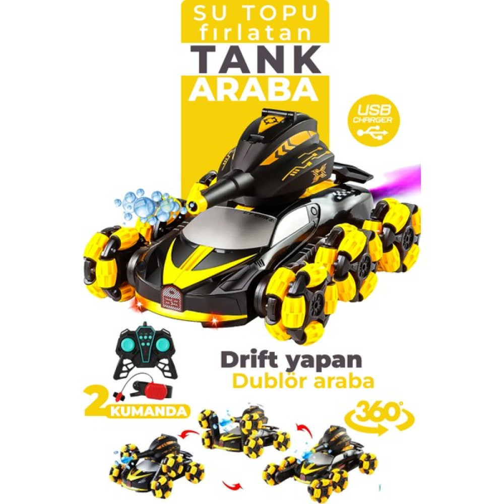Misan Drift Dublör 6 Tekerlekli Su Topu Atan Çift Kumandalı Araba - Sarı Oyuncak Araç Fiyatı