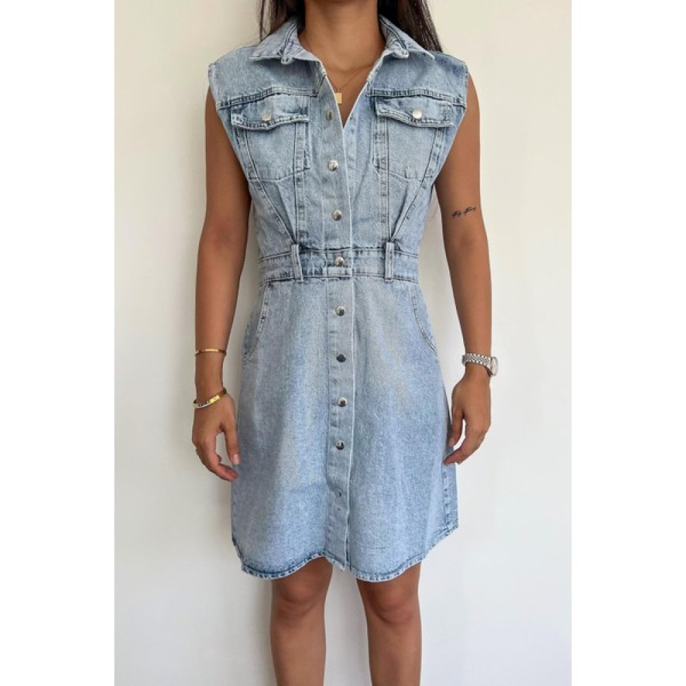 Misigo Sıfır Kol Denim Elbise Mavi Elbise Fiyatı