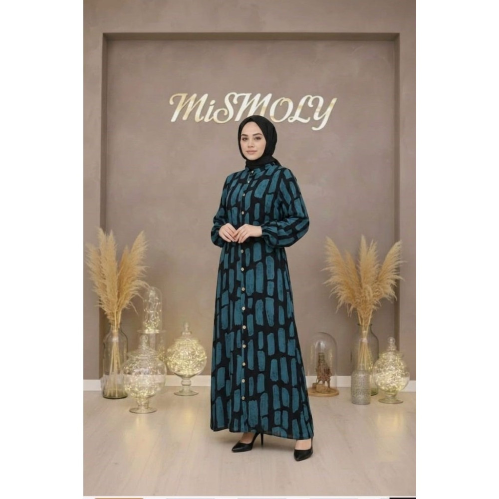 Mismoly Modern Desenli Düğmeli Rahat Kalıp Uzun Tesettür Elbise Elbise Fiyatı