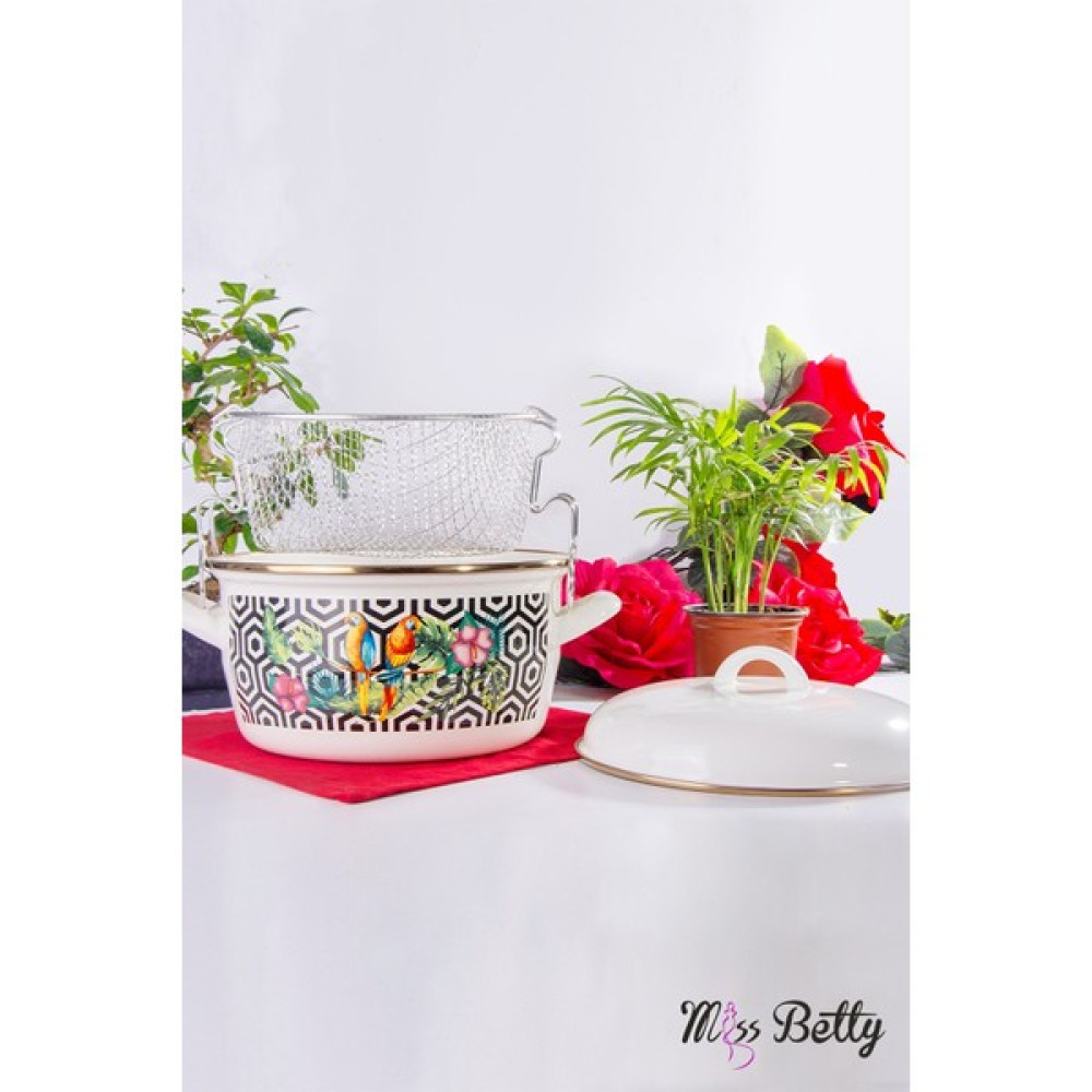Miss Betty Parrot Emaye Kızartma Tenceresi - Beyaz - 22 cm, Tencereler Fiyatı
