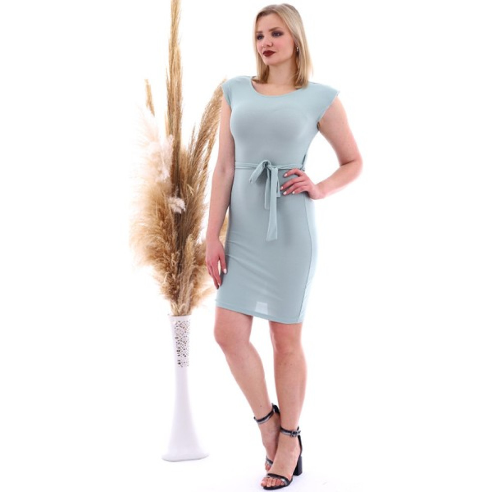 Miss Lusi 20070783 Örme Krep Beli Kuşaklı Omuzu Vatkalı Elbise Çağla Yeşil Elbise Fiyatı