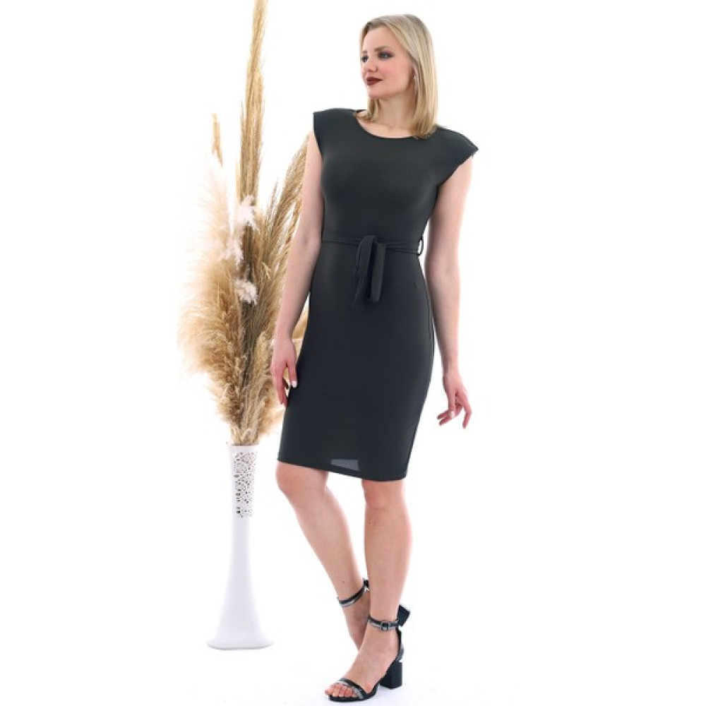 Miss Lusi 20070783 Örme Krep Beli Kuşaklı Omuzu Vatkalı Elbise Hakı Elbise Fiyatı
