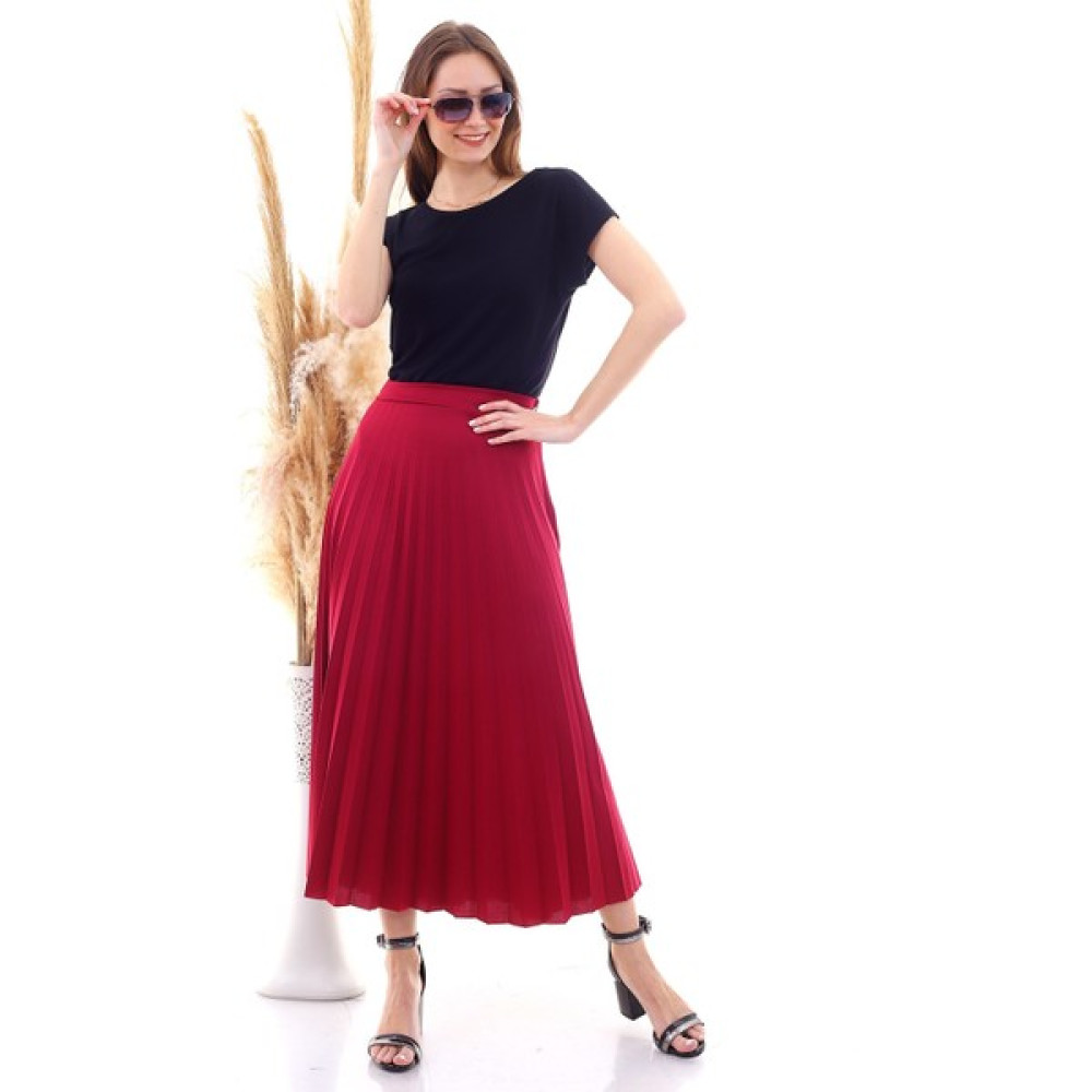 Miss Lusi 9072693 Mira Pliseli Beli Lastikli Uzun Etek Bordo Etek Fiyatı