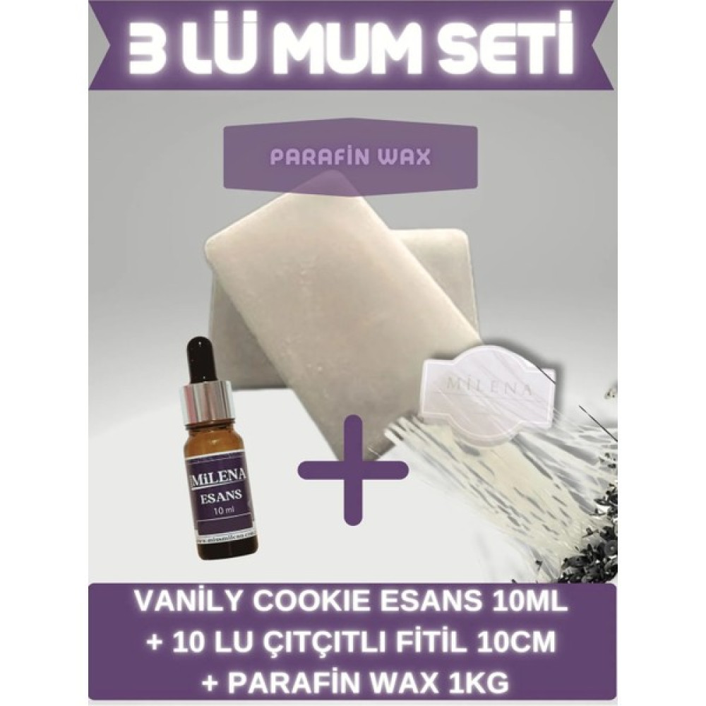Miss Milena Kokulu Mum Yapım Seti Vanil Cookie (Vanilya-Kurabiye) Esans 10 ml + 10 Fitil + 1 kg Parafin Wax - 0 Dekoratif Mum Fiyatı